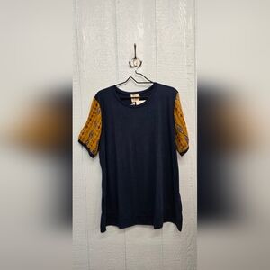 New 2X Navy and Yellow Patterned Sleeve Women's Top